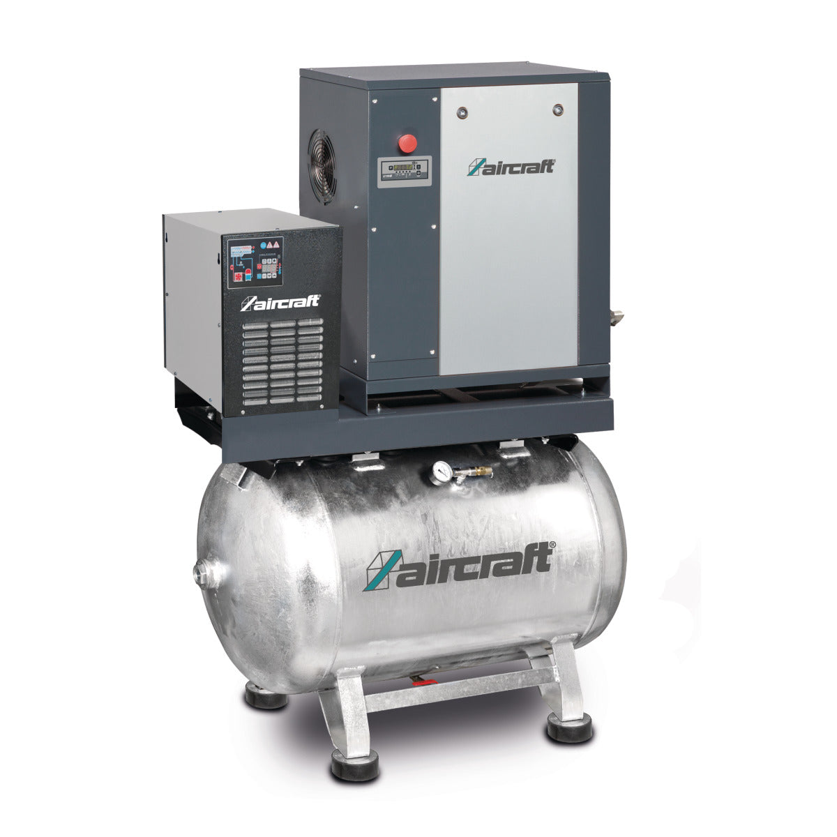 Produktbild von Schraubenkompressor mit Rippenbandriemenantrieb auf Behälter mit angebautem Kältetrockner A-Micro 4.0-08-200 K