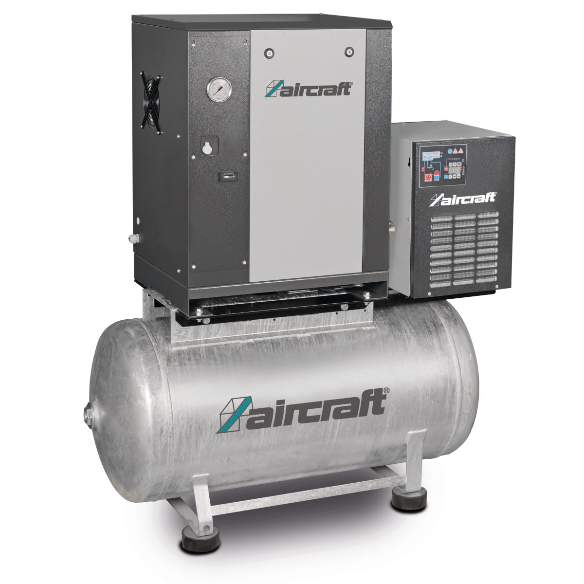 Produktbild von Schraubenkompressor mit Rippenbandriemenantrieb auf Behälter mit angebautem Kältetrockner A-Micro Se 4.0-08-200 K