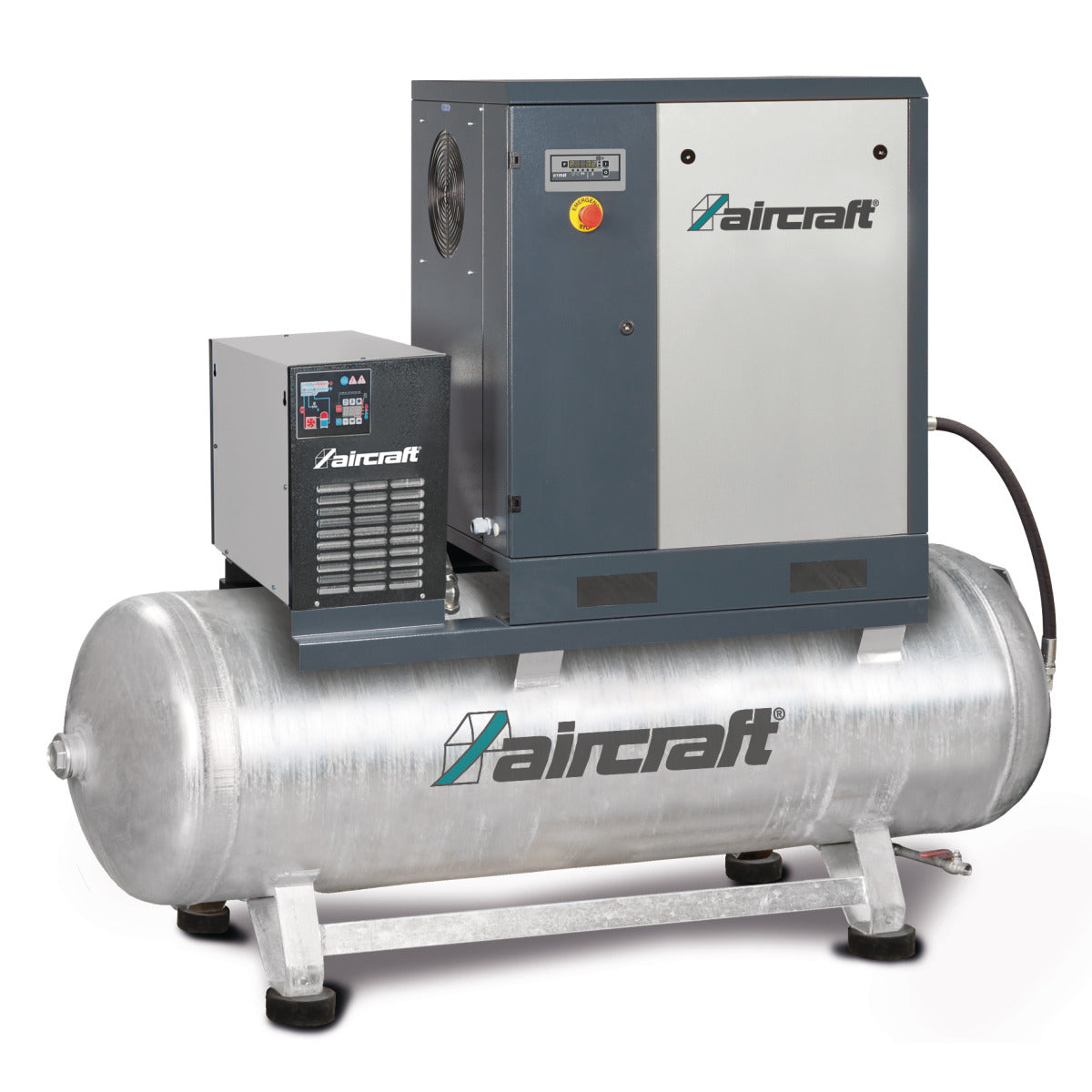 Produktbild von Schraubenkompressor mit Rippenbandriemenantrieb auf Behälter mit angebautem Kältetrockner A-Plus 16-13-500 K