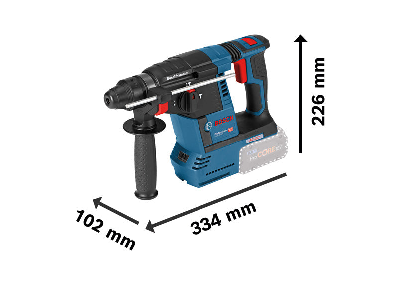 Bosch GBH 18V-26 Bohrhammer mit abgebildeten Abmessungen.