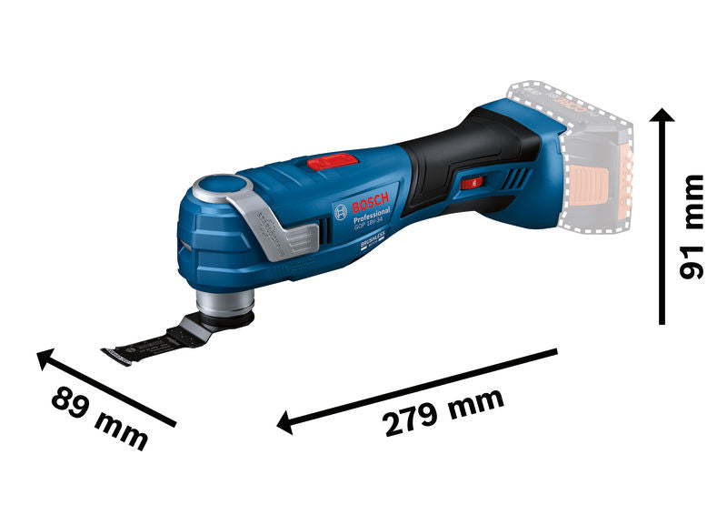 Akku-Multitool GOP 18V-34 von Bosch mit Abmessungen.