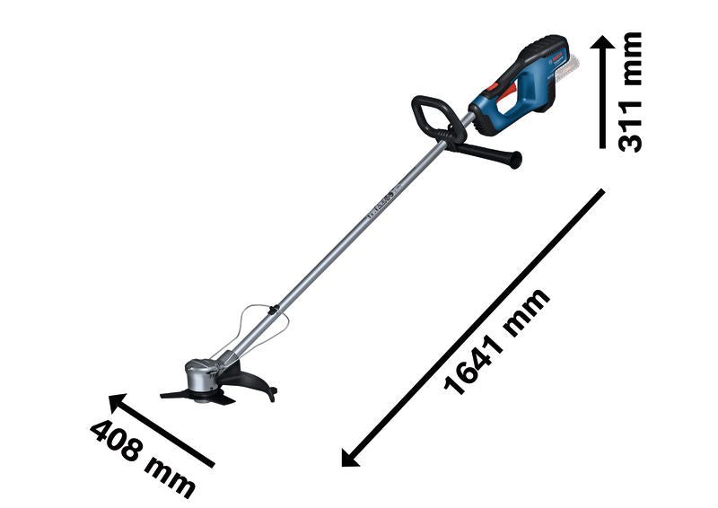 Akku-Motorsense Bosch GFR 18V-23 mit Abmessungen.