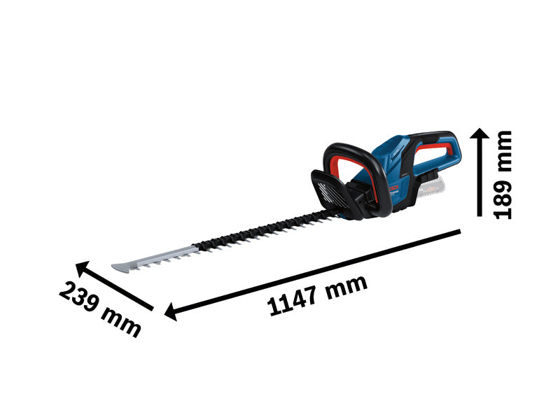 Akku-Heckenschere GHE 18V-60 von Bosch mit Abmessungen.