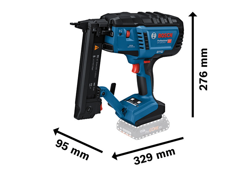 Akku-Holztacker GTH 18V-38 M von Bosch mit abgebildeten Abmessungen.