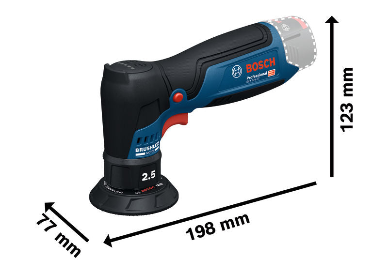 Abmessungen des kompakten Exzenterschleifers Bosch GEX 12V-77.