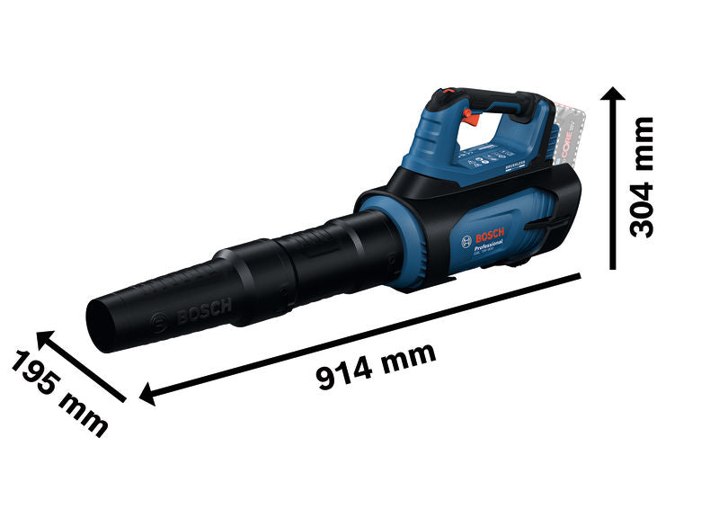 Akku-Laubbläser GBL 18V-800 von Bosch mit abgebildeten Abmessungen.