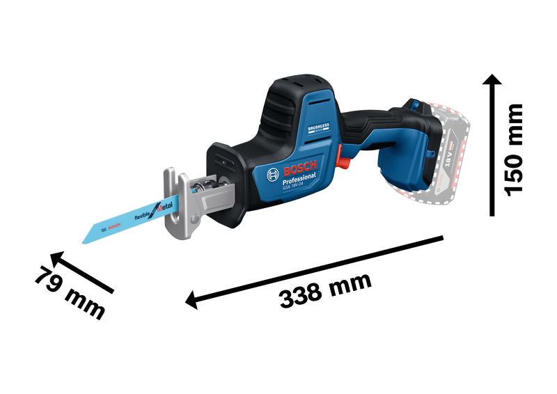 Säbelsäge Bosch GSA 18V-24 mit abgebildeten Abmessungen.