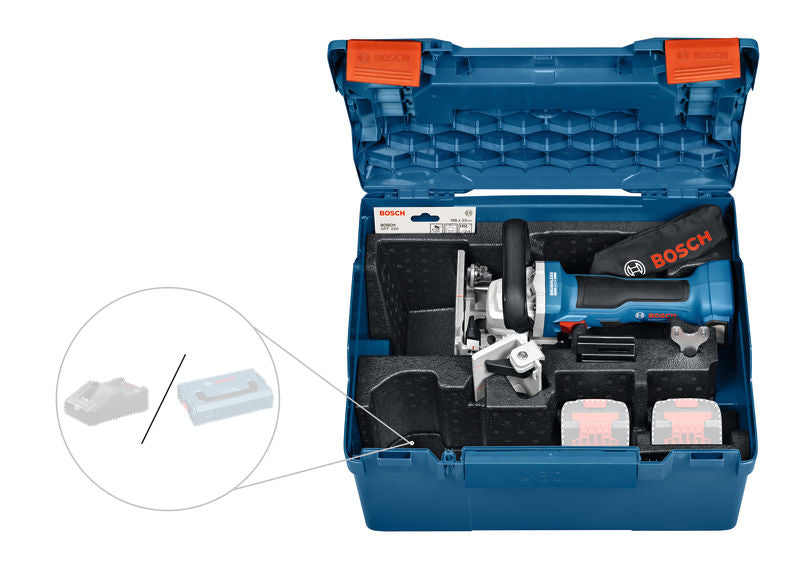 Bosch GFF 18V-22 Flachdübelfräse in blauer Tragetasche.