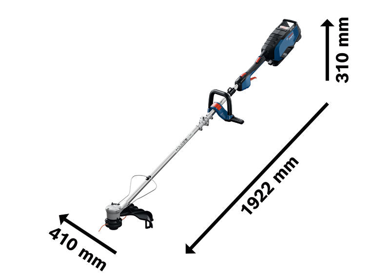 Akku-Rasentrimmer GRT 18V-40 von Bosch mit abgebildeten Abmessungen.