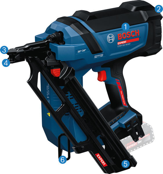 Akku-Nagler EXNH18V-90MD von Bosch mit abgewinkeltem Magazin.