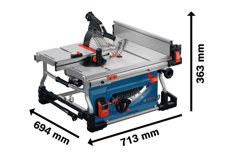 Tischkreissäge Bosch GTS100-254 mit abgebildeten Abmessungen.