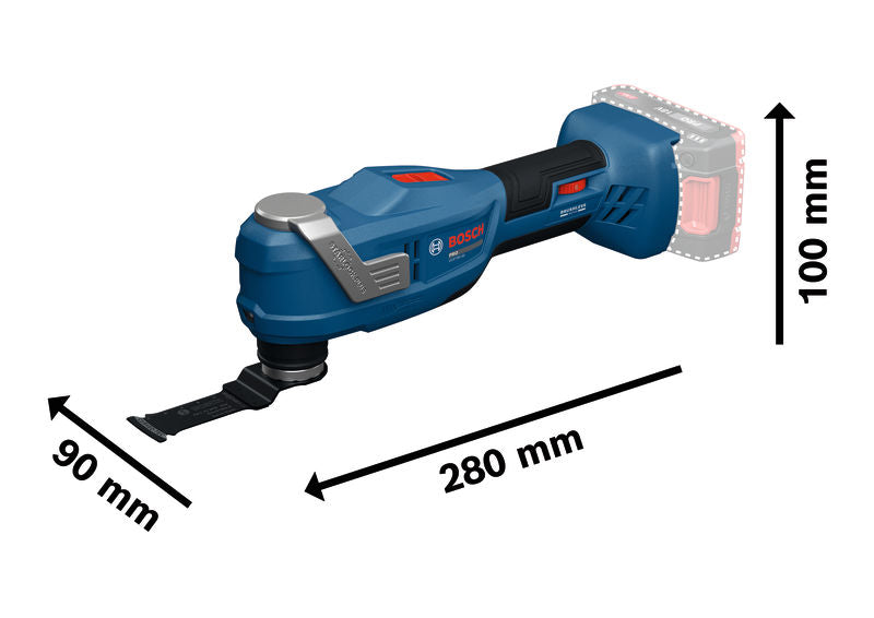 Bosch GOP18V-30 Multifunktionswerkzeug mit abgebildeten Abmessungen.