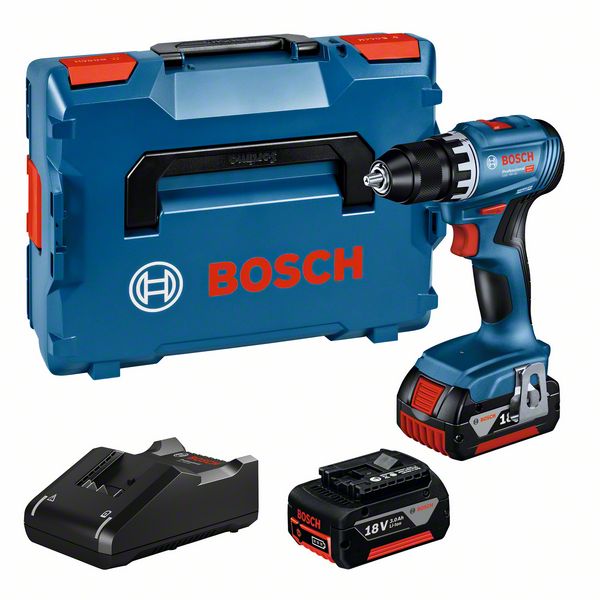 Produktbild von BOSCH Akku-Bohrschrauber GSR 18V-45, 2 Akku GBA 18V 3.0Ah, Ladegerät und L-BOXX 06019K3204 4059952635675