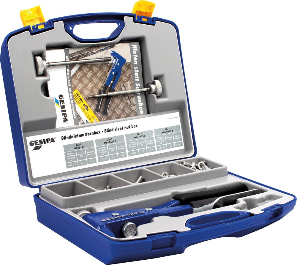 Produktbild von GESIPA Blindnietmuttern-Box mit Blindnietmutternsetzgerät GBM 10 M4-M6 195-teilig 1435455 4007081530019