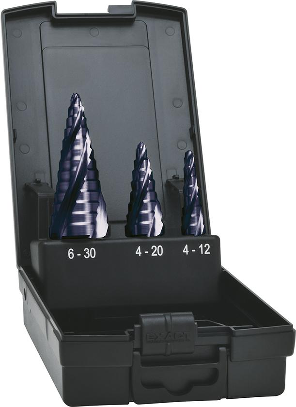 Produktbild von EXACT StufenbohrerSet HSS TiAlN 4-fach Spiralnute 4-30 mm 7064 4026558070643