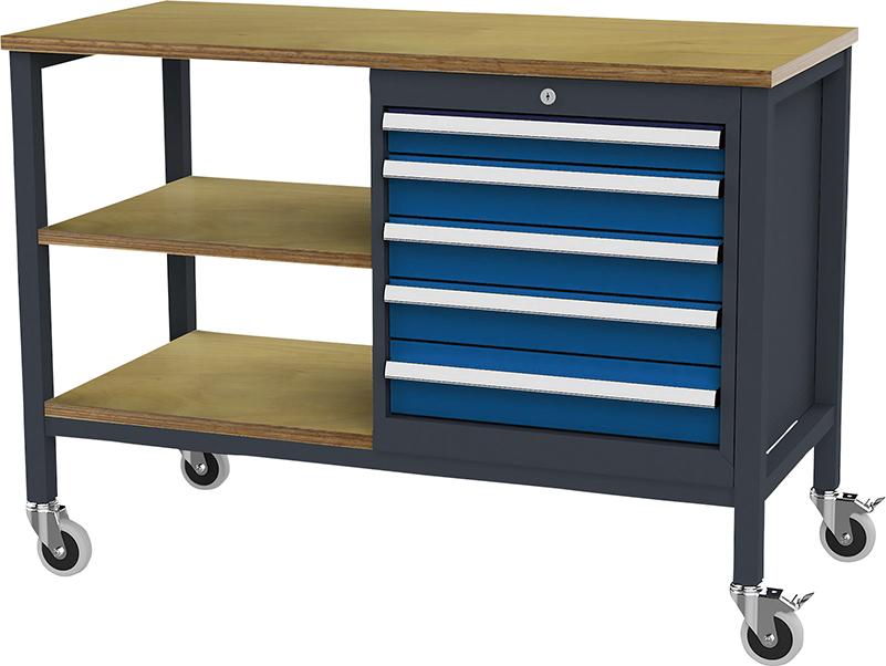 Produktbild von FORUM Kastenwerkbank mobil B1300mm 5 Schubladen 2 Böden RAL 7016/5010 4260612262 4317784969147