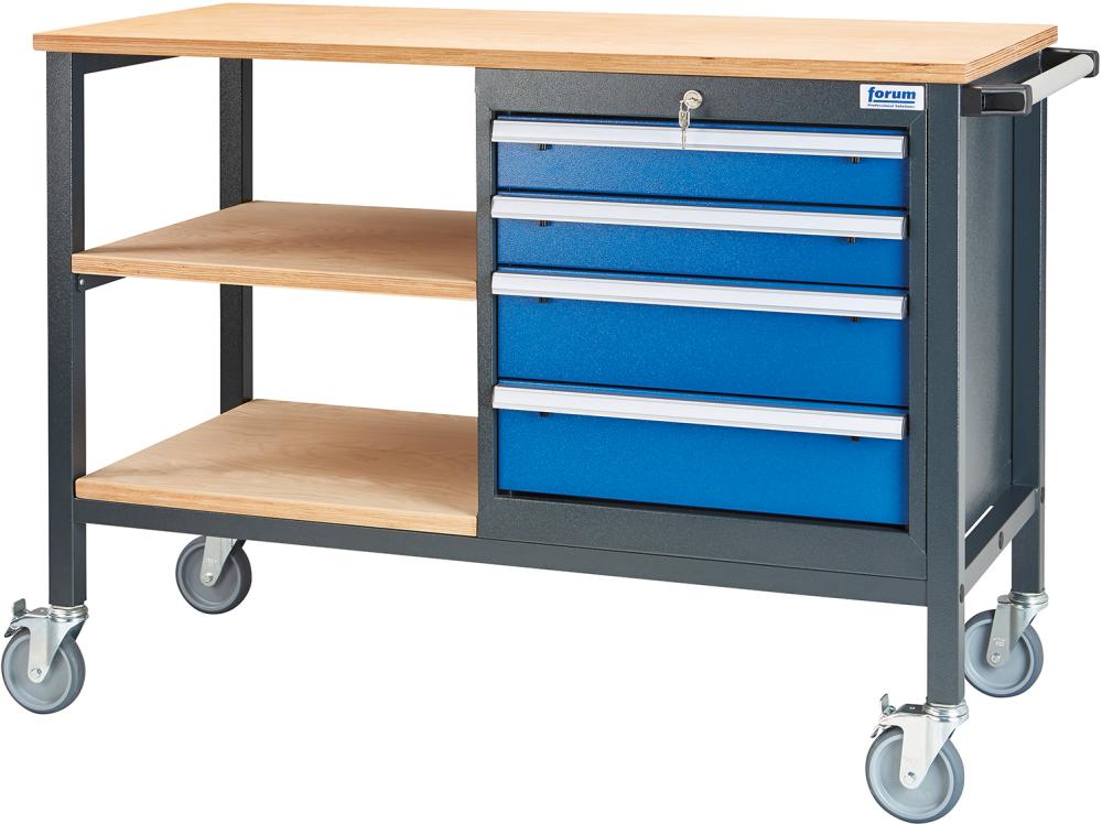 Produktbild von FORUM Kastenwerkbank mobil B1300mm 4 Schubladen 2 Böden RAL 7016/5010 4260612256 4317784969123