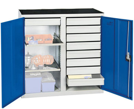 Produktbild von Stumpf Werkzeugschrank S2000 RAL 7035/5010 Mitteltrennwand 9 Schubladen 2 Wannenböden 2002974 4031068181840