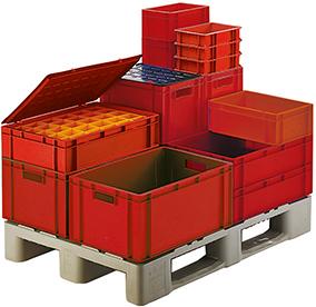 Produktbild von LA-KA-PE Transport-Stapelkasten B600xT400xH210 mm rot geschlossen mit Griffloch 4330816835708 4031022014603