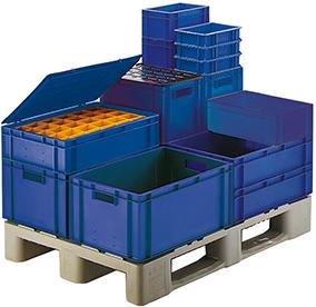 Produktbild von LA-KA-PE Transport-Stapelkasten B600xT400xH320 mm blau geschlossen mit Griffloch 4330816836040 4031022014993