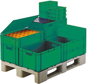 Produktbild von LA-KA-PE Transport-Stapelkasten B600xT400xH320 mm grün geschlossen mit Griffloch 4330816836439 4031022015006