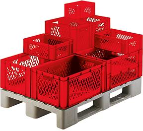 Produktbild von LA-KA-PE Stapeltransportkasten 600x400x75 mm rot Wände/Boden durchbrochen TK 600/75-2 ROT 4031022064431