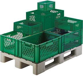Produktbild von LA-KA-PE Transport-Stapelkasten B300xT200xH145 mm grün durchbrochen ohne Griffloch 07700 02 23 4330816836774