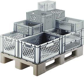 Produktbild von LA-KA-PE Transport-Stapelkasten B600xT400xH270 mm grau durchbrochen mit Griffloch 07100 02 25 4330816837252