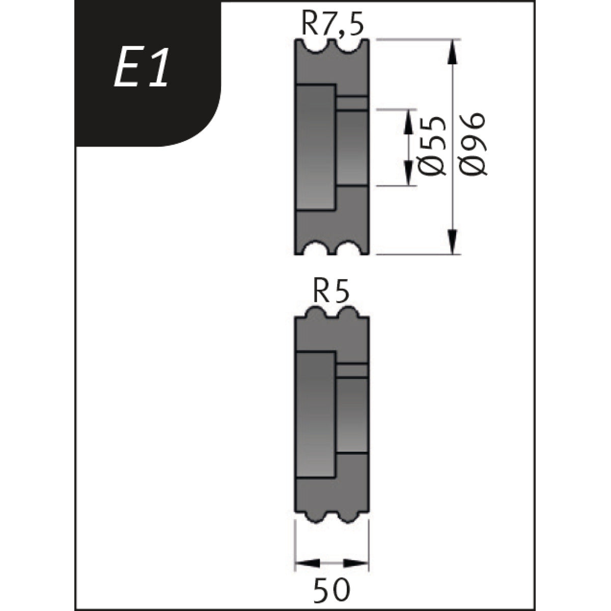 Produktbild von Biegerollensatz Typ E1, Ø 96 x 55 x 50 mm, R 7,5 / 5 mm