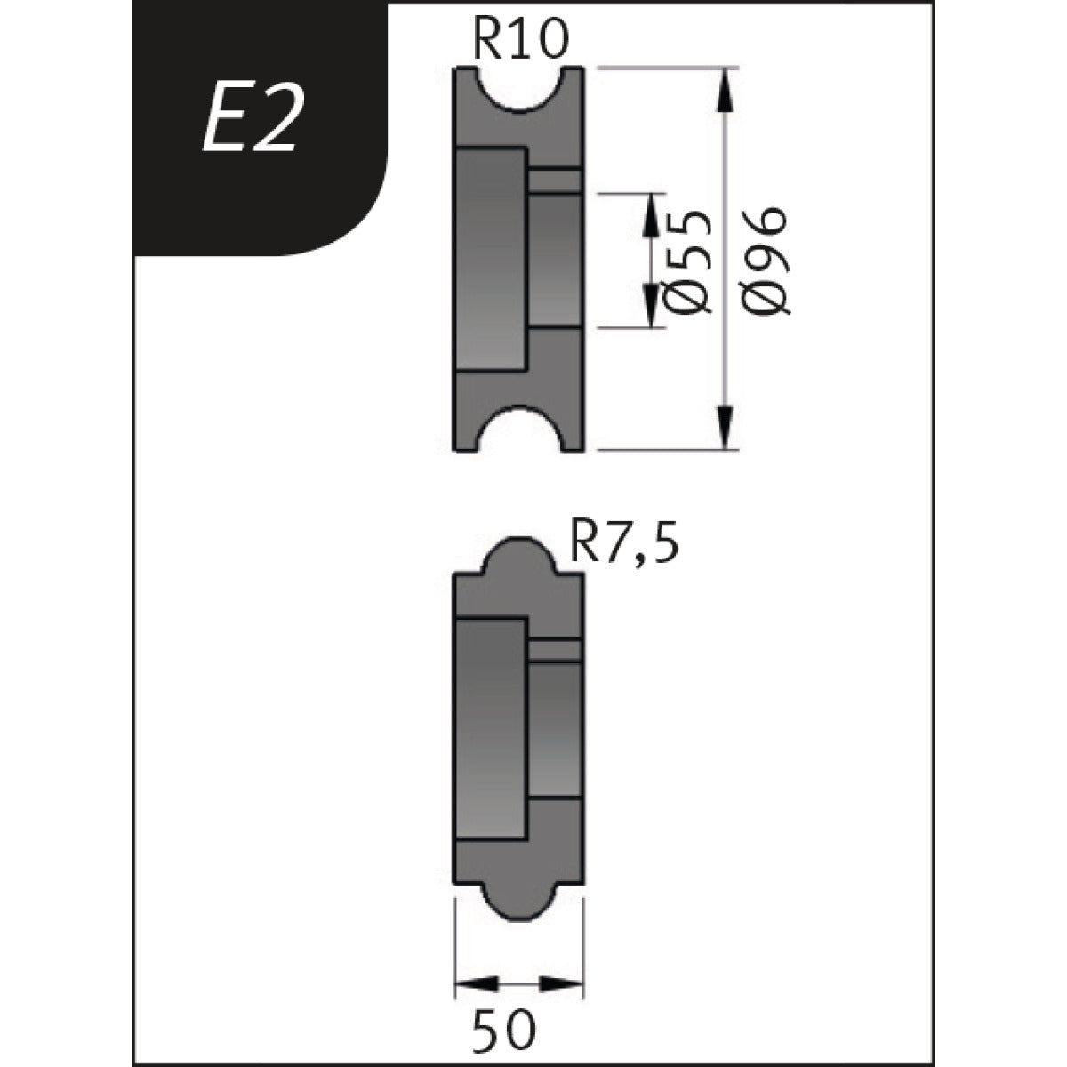 Produktbild von Biegerollensatz Typ E2, Ø 96 x 55 x 50 mm, R 10 / 7,5 mm