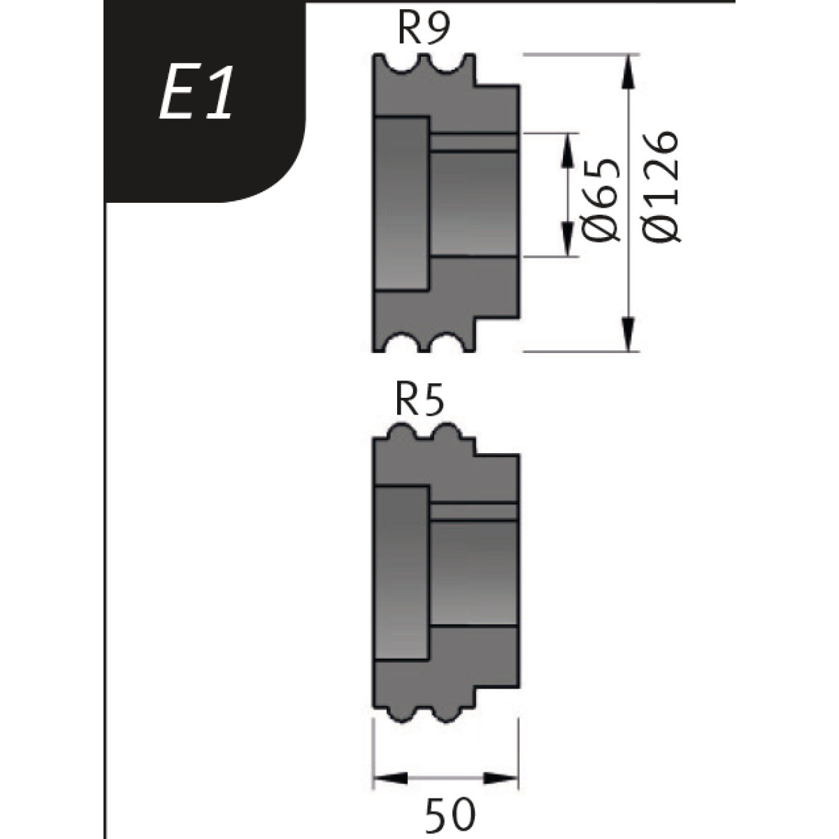 Produktbild von Biegerollensatz Typ E1, Ø 126 x 65 x 50 mm, R 9 / 5 mm