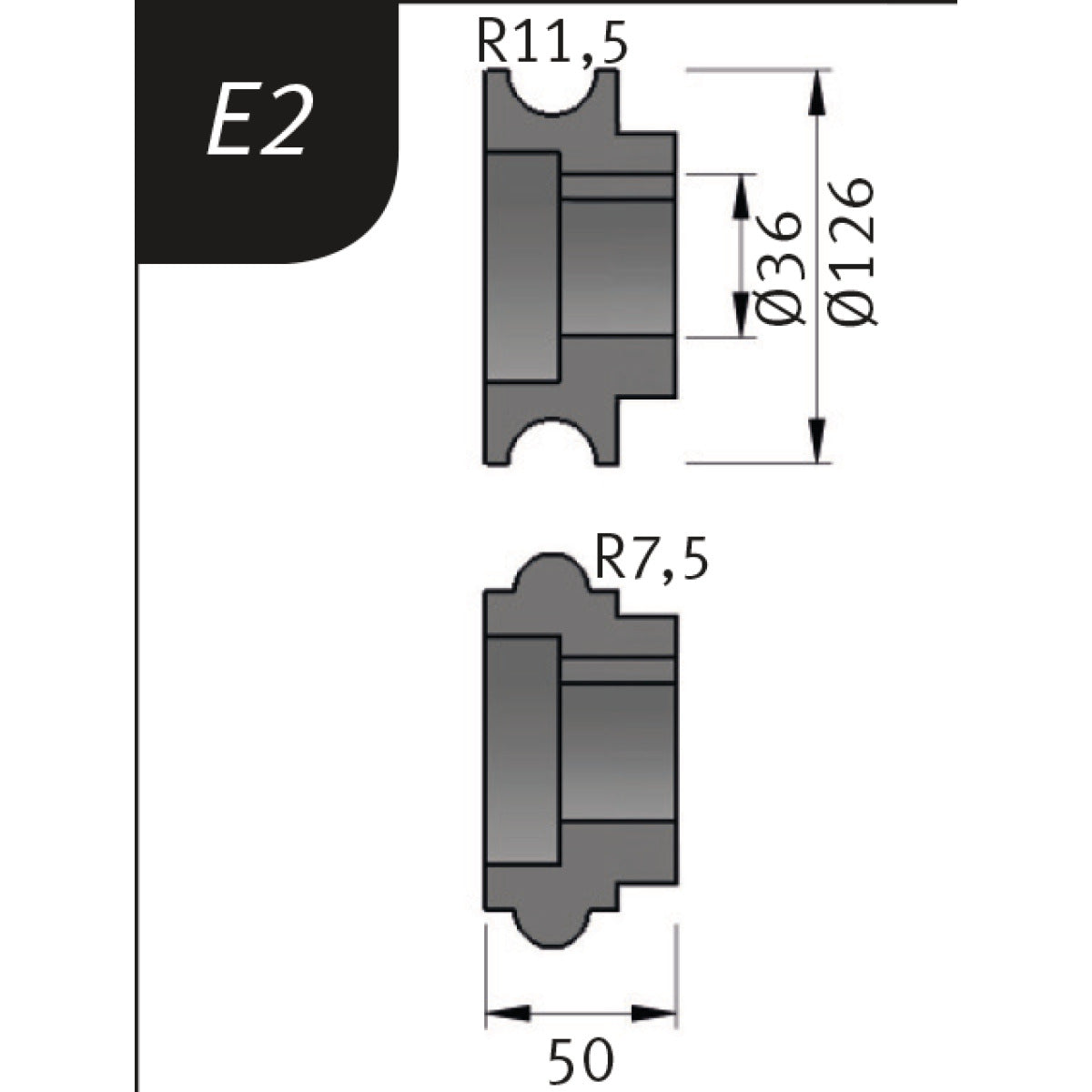 Produktbild von Biegerollensatz Typ E2, Ø 126 x 36 x 50 mm, R 11,5 / 7,5 mm
