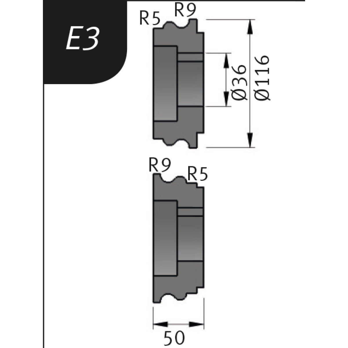 Produktbild von Biegerollensatz Typ E3, Ø 116 x 36 x 50 mm, R 5+9 / 9+5 mm