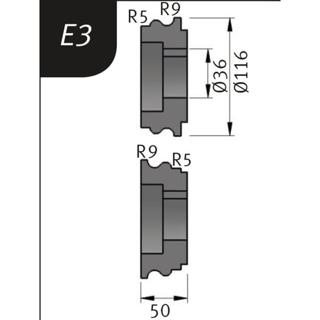 Produktbild von Biegerollensatz Typ E3, Ø 116 x 36 x 50 mm, R 5+9 / 9+5 mm