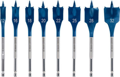 Produktbild Lieferumfang von EXPERT Self Cut Speed Flachfräsbohrer-Set, 12/16/18/20/22/25/28/32 mm, 8-tlg.