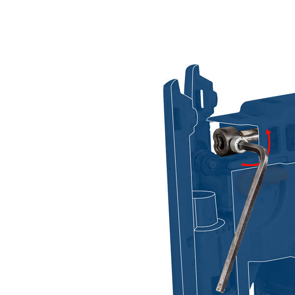 Mit einem Innensechskantschlüssel wird eine Schraube in einem blauen Metallgehäuse festgezogen.