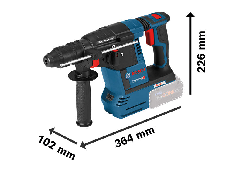 Bohrhammer Bosch GBH 18V-26 F mit ProCORE 18V-Akku, Abmessungen abgebildet.