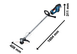 Akku-Rasentrimmer GRT 18V-33 von Bosch mit abgebildeten Abmessungen.