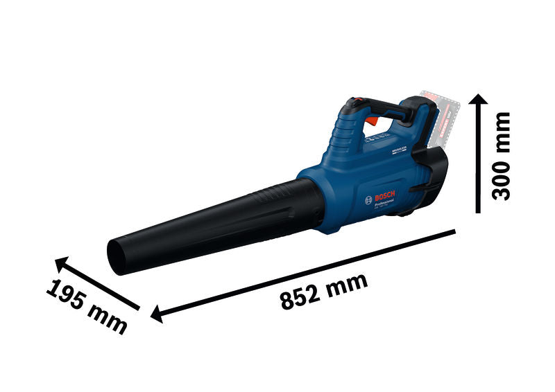 Bosch GBL 18V-750 Akku-Laubbläser mit Abmessungen.
