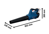 Bosch GBL 18V-750 Akku-Laubbläser mit Abmessungen.