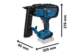 Akku-Holztacker GTH 18V-38 M von Bosch mit abgebildeten Abmessungen.