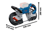 Akku-Bandsäge Bosch GCB 18V-127 mit Größenangaben.