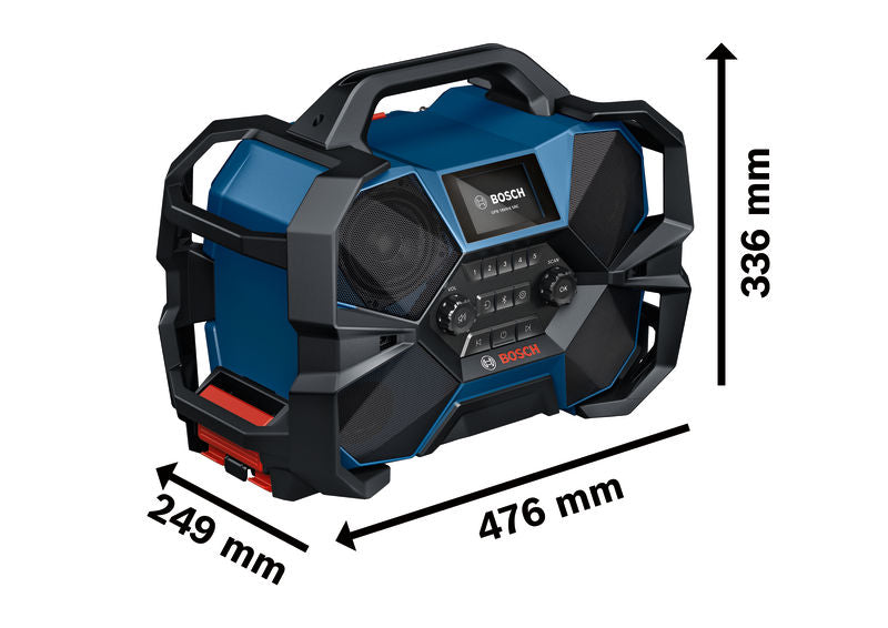 Bosch GPB 18VH-6 SRC Radio, robustes Design mit großen Lautsprechern.