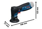 Abmessungen des kompakten Exzenterschleifers Bosch GEX 12V-77.