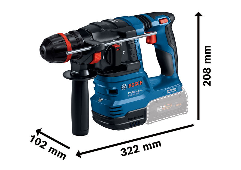 Bosch GBH 18V-22 X Bohrhammer mit Größenangaben.