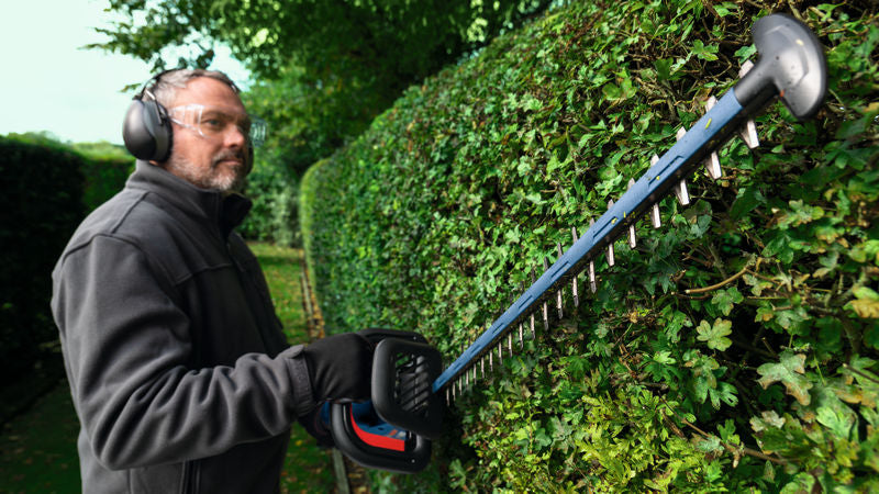 Eine Person mit Schutzausrüstung schneidet eine Hecke mit einer Akku-Heckenschere.