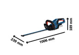 Akku-Heckenschere GHE 18V-50 von Bosch mit Angaben zur Klingenlänge.