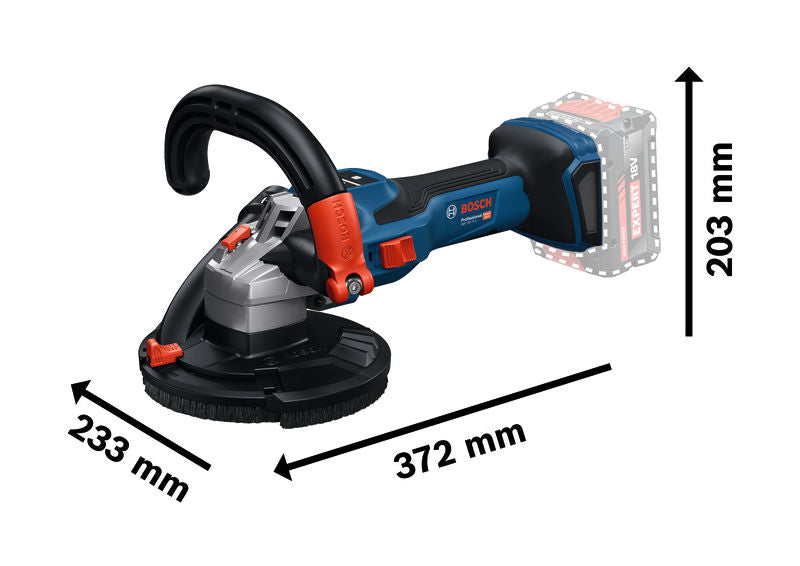 Betonschleifer GBR 18V-15 S von Bosch mit Größenangaben.