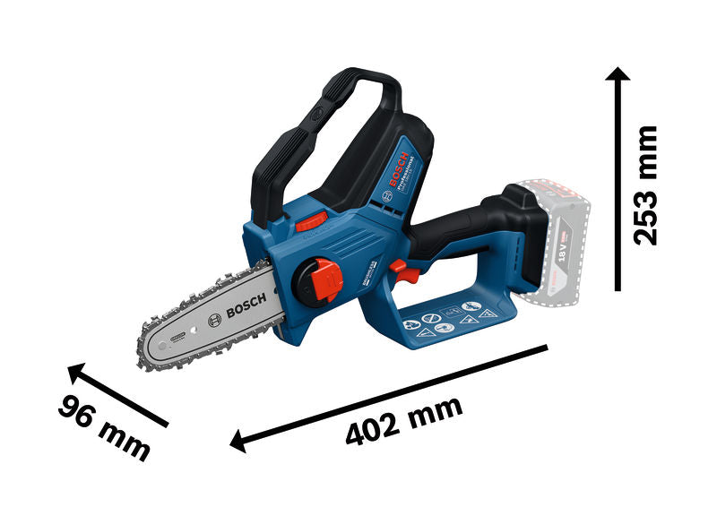 Akku-Hochentaster GKE 18V-15 von Bosch mit Abmessungen.