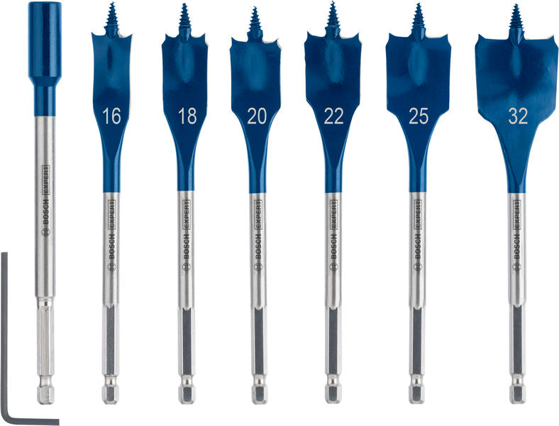 Produktbild Lieferumfang von EXPERT Self Cut Speed Flachfräsbohrer-Set, 16-32mm + Verlängerung 152 mm, 7-tlg.